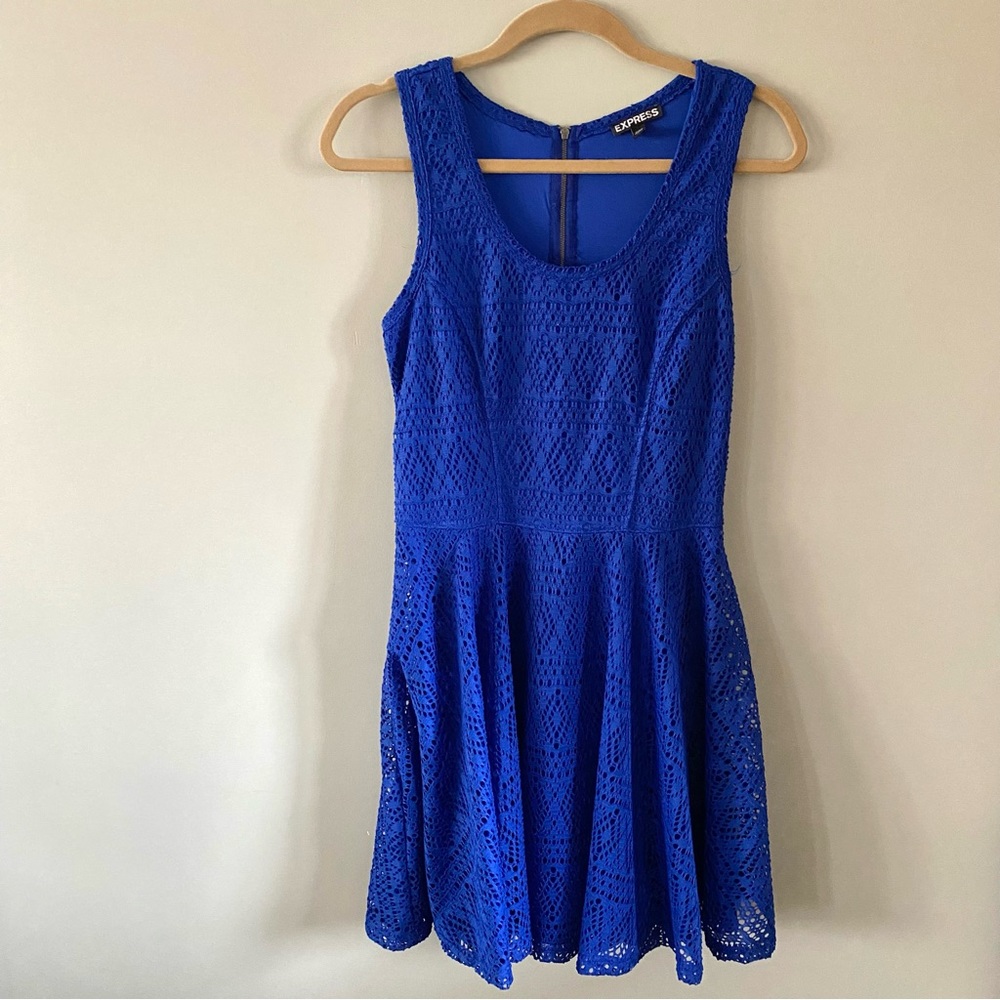 Express Bright Cobalt Royal Blue Aztec Lace Skater Dress